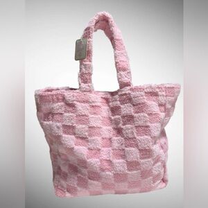 Pink And White Checkered Fuzzy Faux Fur Tote Bag From The Brand Gloss & Glo